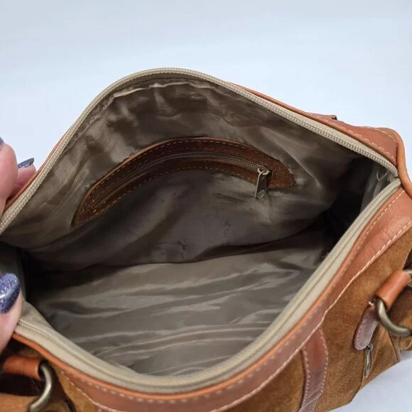 Vintage Brown Suede Satchel Embroidered Details & Multiple Zipper Pockets - Picture 9 of 13